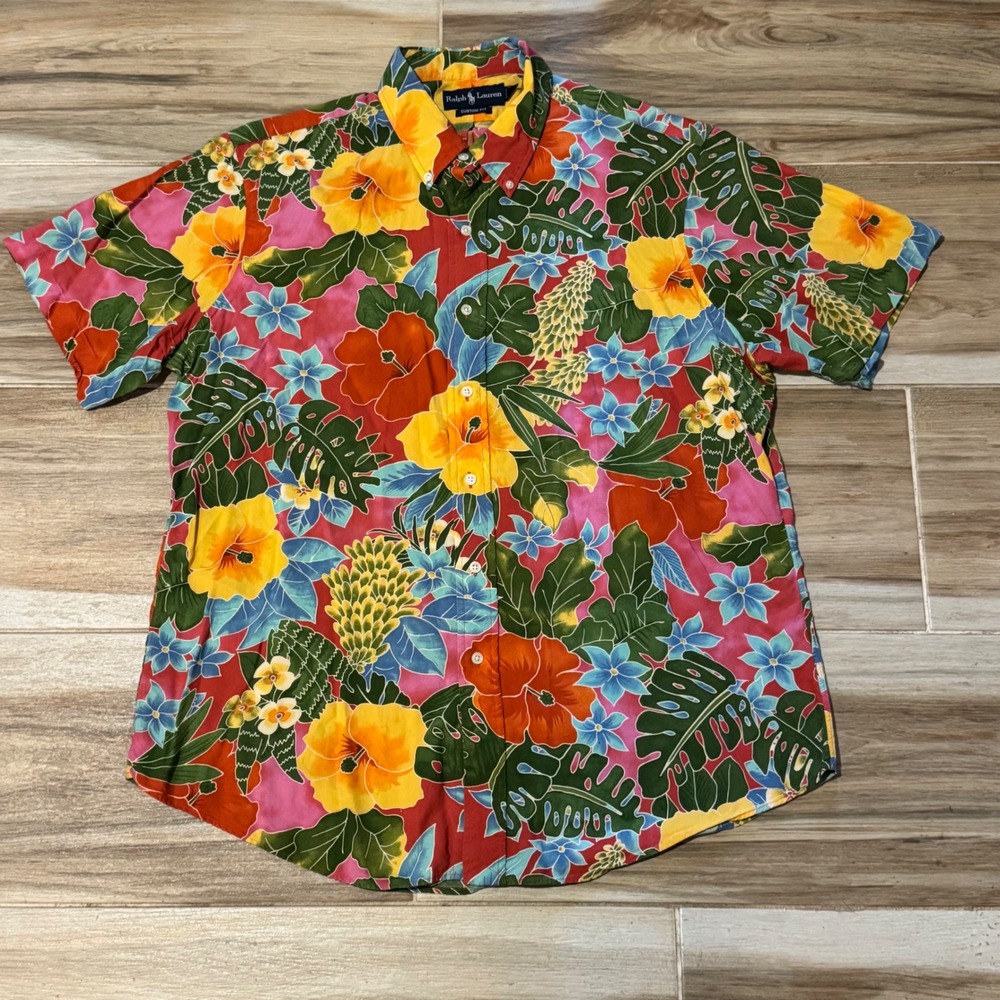 Polo Ralph Lauren XL Custom Fit Tropical Hibiscus Floral Hawaiian Shirt Mens S/S